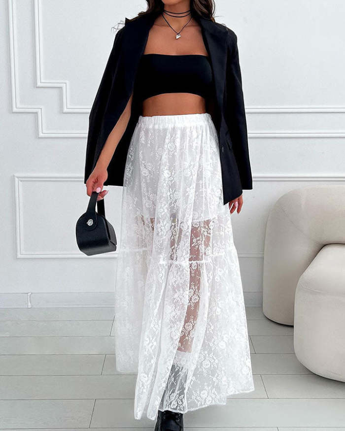 Elastic waist light Lace Translucent A-line Skirt