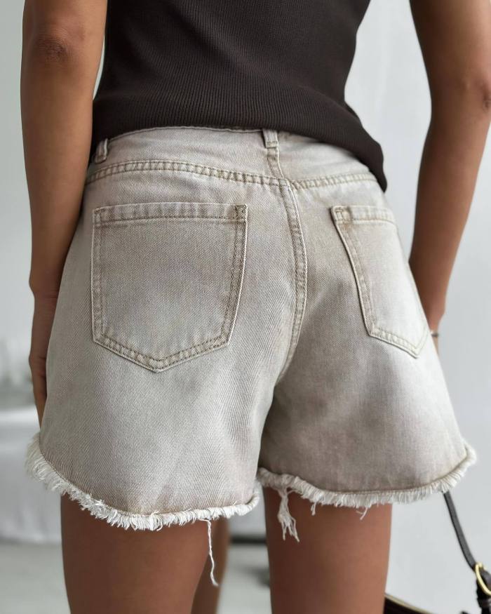Grey vintage washed distressed loose denim shorts