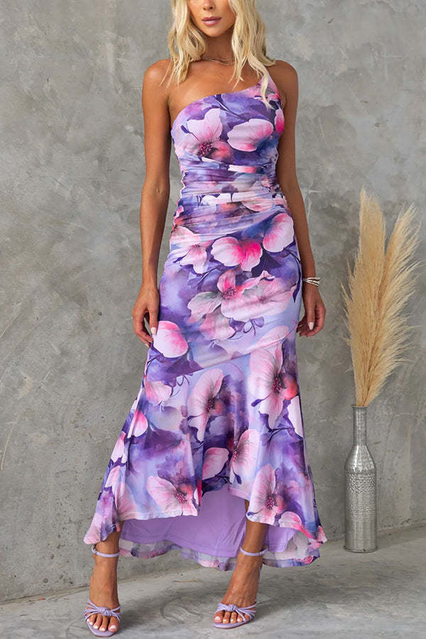 One-shoulder strap slim-fit floral dress