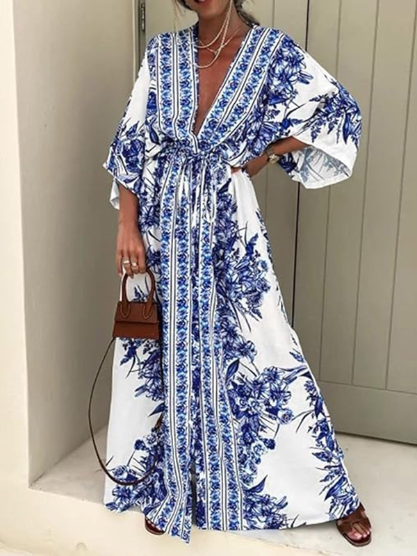 Long Sleeves Loose Buttoned Drawstring Flower Print Pleated Tied Waist V-Neck Maxi Dresses