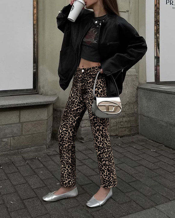 Retro leopard print slim fit pants