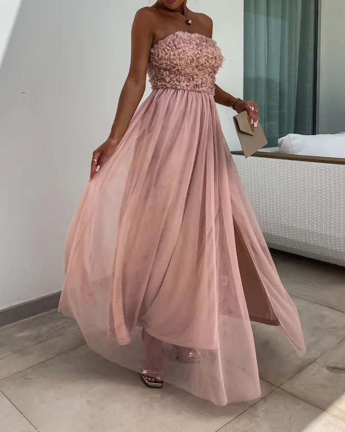 Off-shoulder tube top mesh slit tutu dress