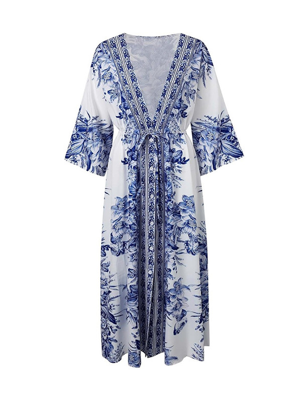 Long Sleeves Loose Buttoned Drawstring Flower Print Pleated Tied Waist V-Neck Maxi Dresses