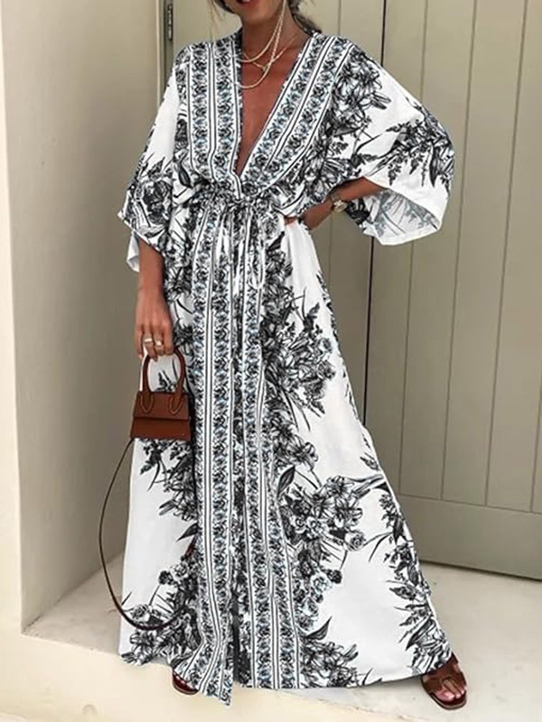 Long Sleeves Loose Buttoned Drawstring Flower Print Pleated Tied Waist V-Neck Maxi Dresses