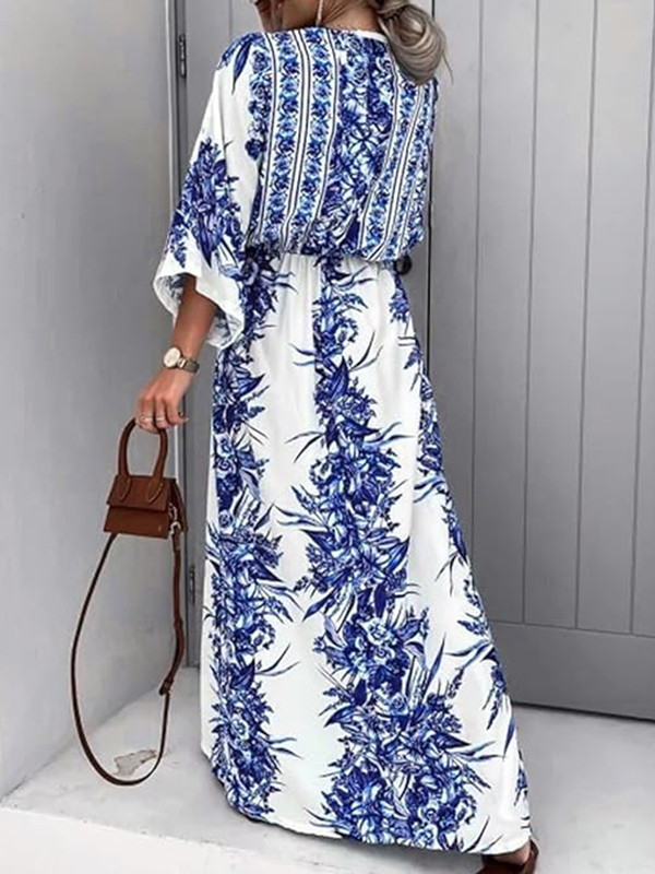 Long Sleeves Loose Buttoned Drawstring Flower Print Pleated Tied Waist V-Neck Maxi Dresses