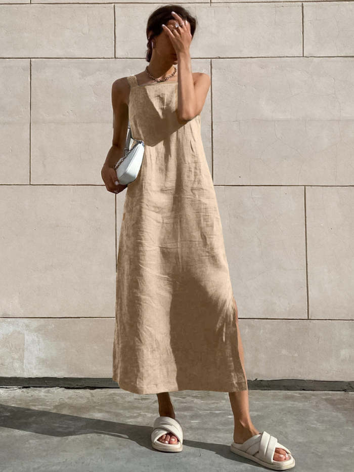 Cotton and Linen Loose Slit Suspender Dress