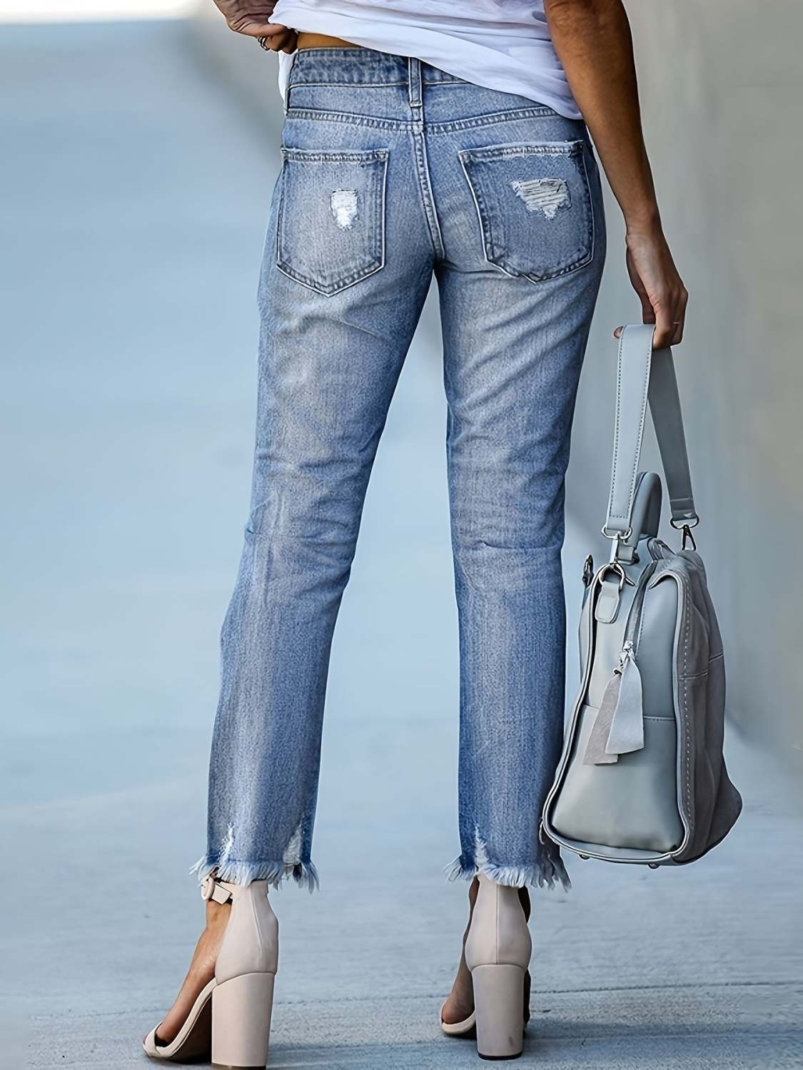 Whiskered Wash Raw Hem Cropped Jeans