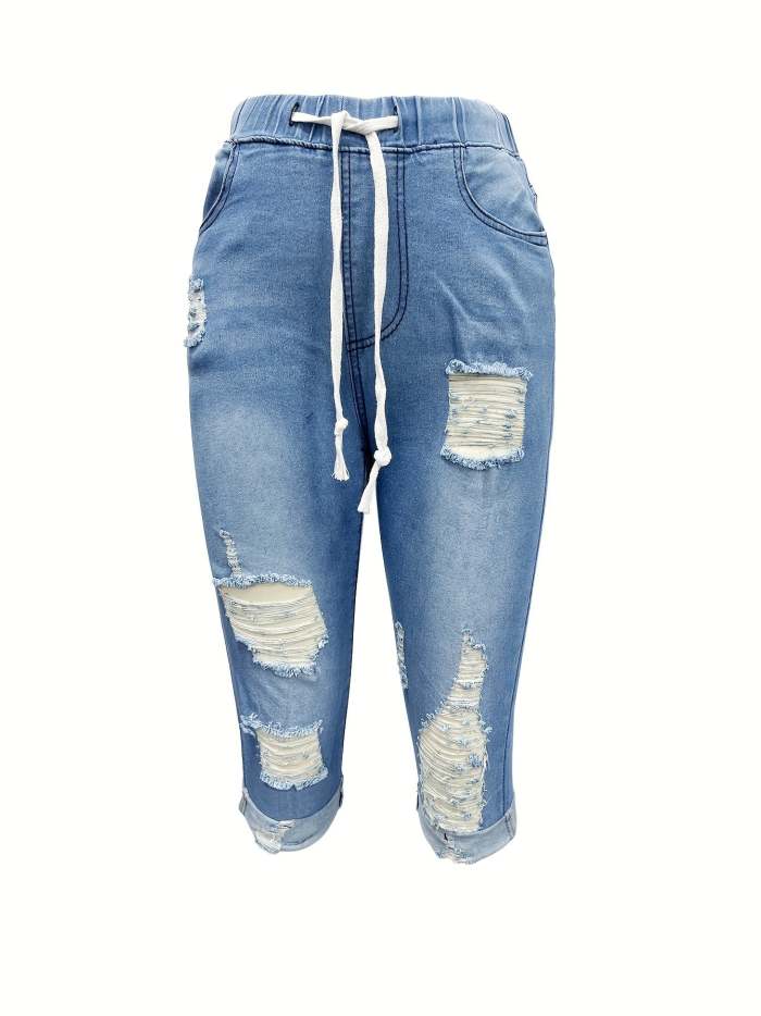 Elastic Waist With Drawstring Distressed Denim Capri Pants
