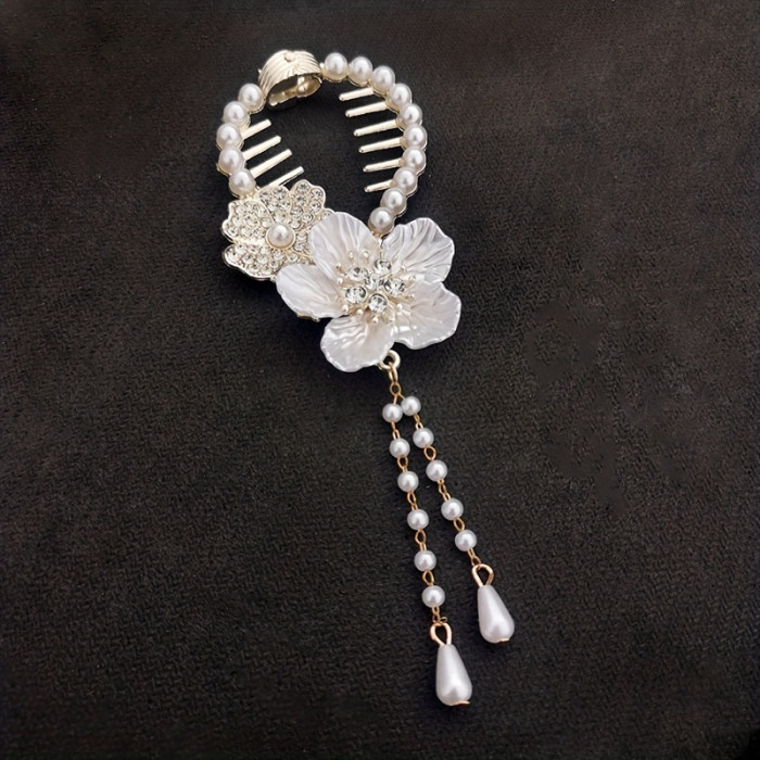 1pc New Camellia Tassel Head Ponytail Clip, Hairpin Imitation Pearl Metal Hairpin, Ideal choice for Gifts