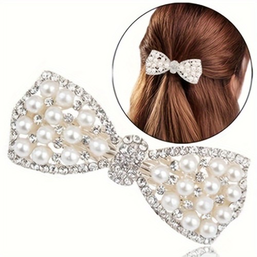 Fashion Women Bow Hair Clip Elegant Sparkling Rhinestone Faux Pearl Decorative Hairpin Barrette Hair Accessories