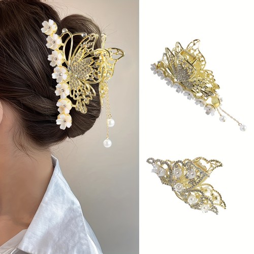 2Pcs\u002Fbag New Design Lady's Butterfly-shaped Rhinestones Flower Hair Claw Fashion, Sweet And Elegant Tassel Hair Accessories
