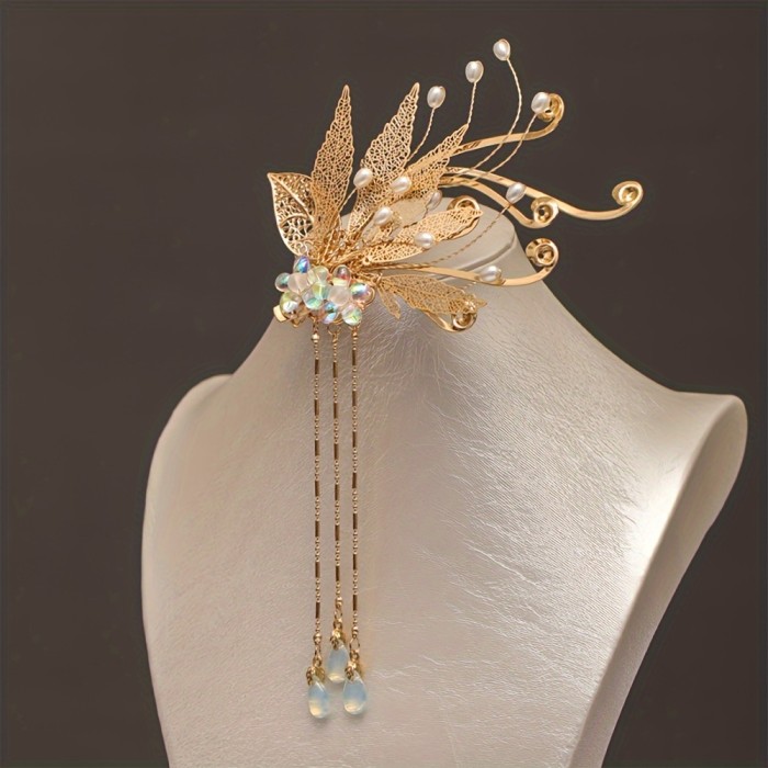 1pc Maple Fringe Hairpin, Chinese Style Hanfu Side Hairpin Fringe Flower Faux Pearl Retro Hanfu Braided Jewelry Thick Curly Hair Style Decoration Ethnic Style, Suitable For Hanfu With Broken Hair Finish