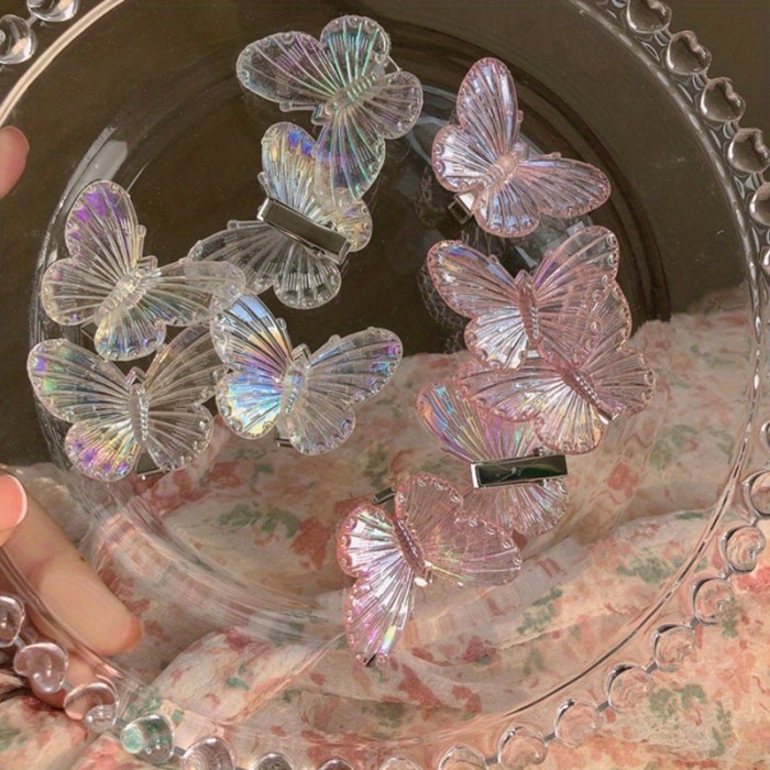10pcs Iridescent Butterfly Hair Clips, Transparent Colorful Side Barrettes, Elegant Fashion Hair Accessory Art Decor, Suitable For Everyday Use, Festivals & Parties