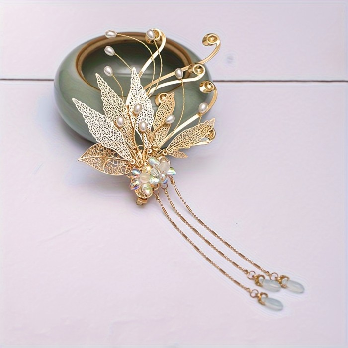 1pc Maple Fringe Hairpin, Chinese Style Hanfu Side Hairpin Fringe Flower Faux Pearl Retro Hanfu Braided Jewelry Thick Curly Hair Style Decoration Ethnic Style, Suitable For Hanfu With Broken Hair Finish