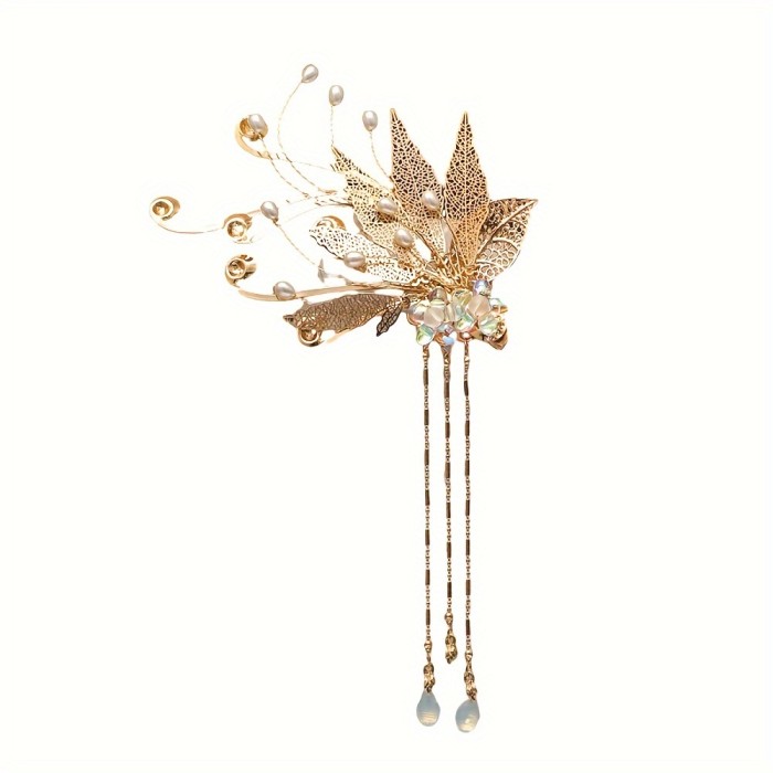 1pc Maple Fringe Hairpin, Chinese Style Hanfu Side Hairpin Fringe Flower Faux Pearl Retro Hanfu Braided Jewelry Thick Curly Hair Style Decoration Ethnic Style, Suitable For Hanfu With Broken Hair Finish