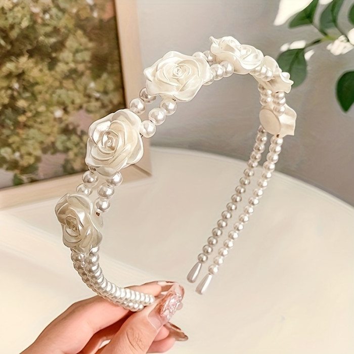 1pc Women's Solid Color Headband Flower Faux Pearl Decor Hair Hoops Fashion Hair Band Women Female Hair Accessories