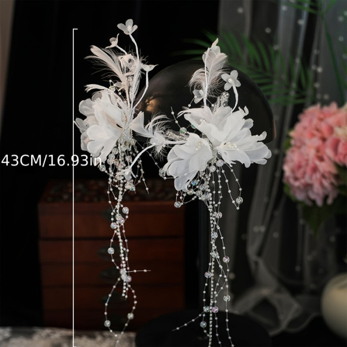 1 Pair White Feather Pearl Tassel Hair Clips, Wedding Bridal Dress Styling Accessories Hair Accessories for Wedding Party Banquet Birthday Party