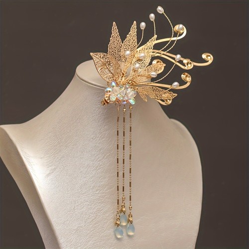 1pc Maple Fringe Hairpin, Chinese Style Hanfu Side Hairpin Fringe Flower Faux Pearl Retro Hanfu Braided Jewelry Thick Curly Hair Style Decoration Ethnic Style, Suitable For Hanfu With Broken Hair Finish