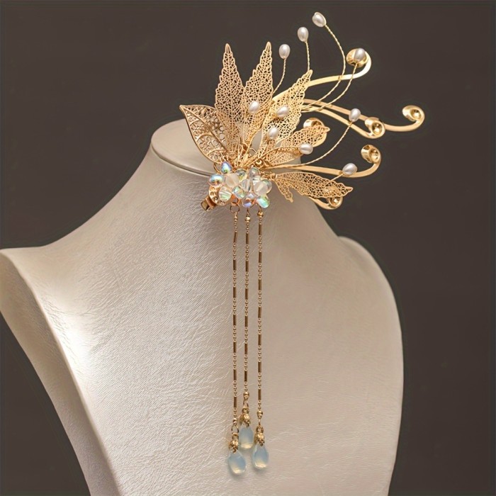 1pc Maple Fringe Hairpin, Chinese Style Hanfu Side Hairpin Fringe Flower Faux Pearl Retro Hanfu Braided Jewelry Thick Curly Hair Style Decoration Ethnic Style, Suitable For Hanfu With Broken Hair Finish
