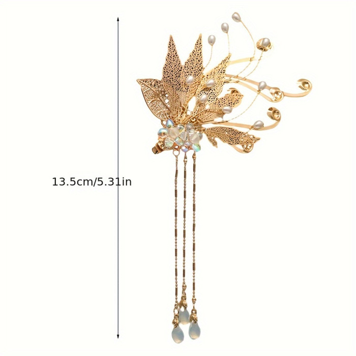 1pc Maple Fringe Hairpin, Chinese Style Hanfu Side Hairpin Fringe Flower Faux Pearl Retro Hanfu Braided Jewelry Thick Curly Hair Style Decoration Ethnic Style, Suitable For Hanfu With Broken Hair Finish