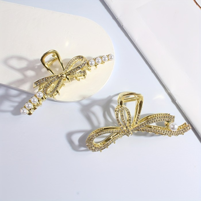 2pcs Elegant Butterfly Bow Hair Claw Clip For Women, With Faux Pearls And Rhinestones, Durable Alloy Fashion Hair Clips, Stylish Sweet Hair Accessories
