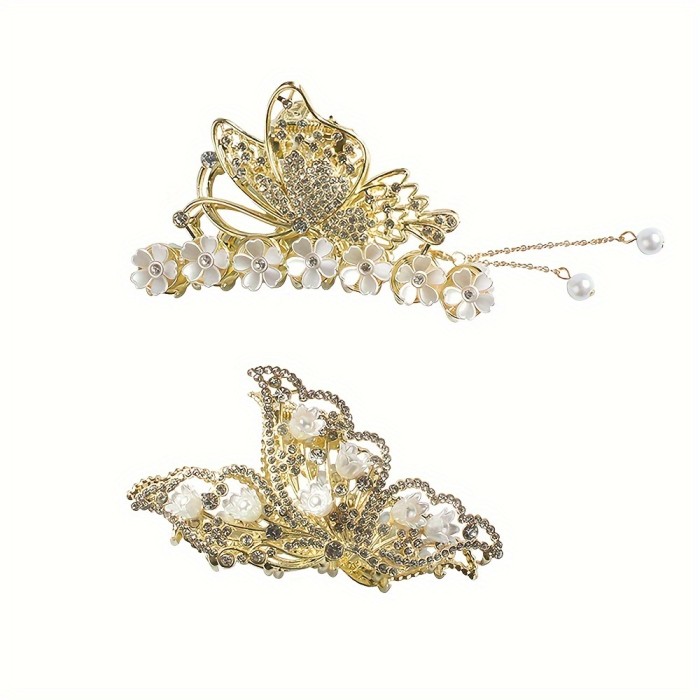 2Pcs\u002Fbag New Design Lady's Butterfly-shaped Rhinestones Flower Hair Claw Fashion, Sweet And Elegant Tassel Hair Accessories