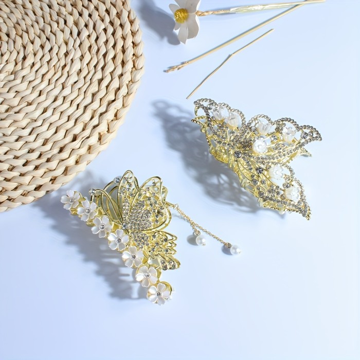 2Pcs\u002Fbag New Design Lady's Butterfly-shaped Rhinestones Flower Hair Claw Fashion, Sweet And Elegant Tassel Hair Accessories