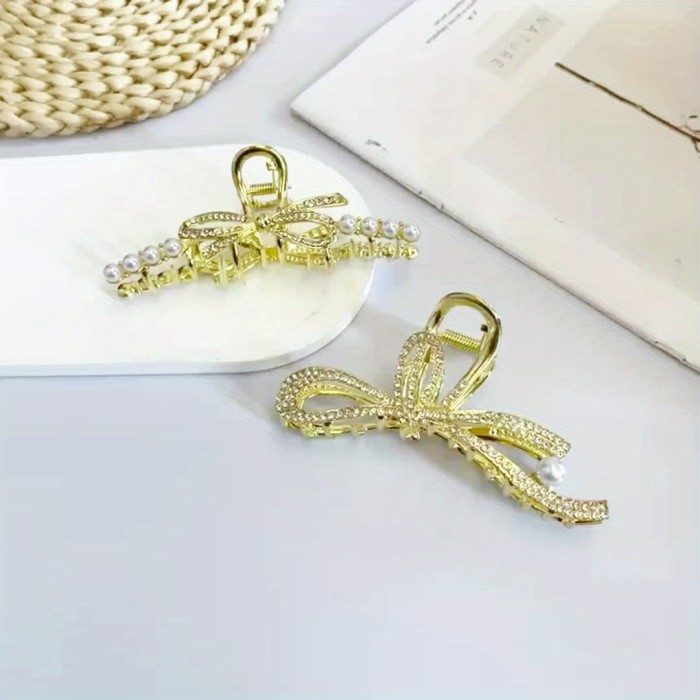 2pcs Elegant Butterfly Bow Hair Claw Clip For Women, With Faux Pearls And Rhinestones, Durable Alloy Fashion Hair Clips, Stylish Sweet Hair Accessories