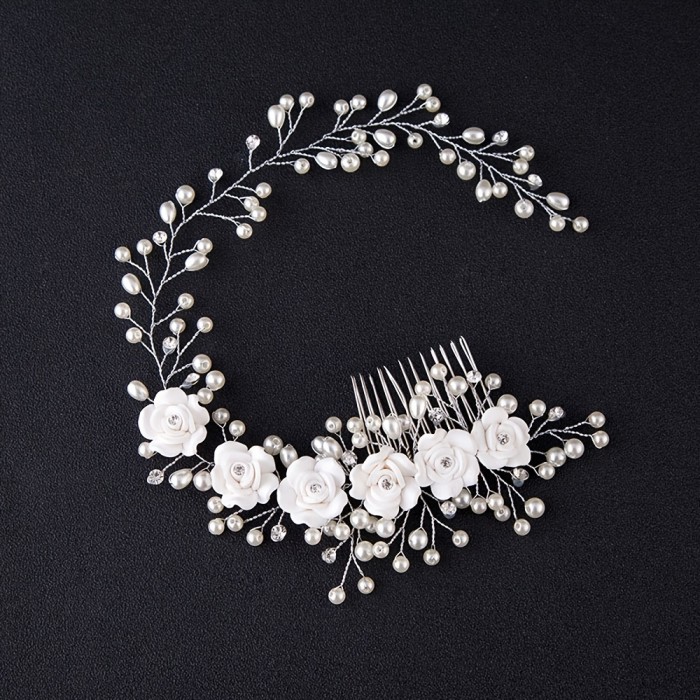 1 Pc Lady White Flower Faux Pearl Hair Clip, Fashion Elegant Soft Ceramic Faux Pearl Rhinestone Combing Diy Accessories Hairstyle Style