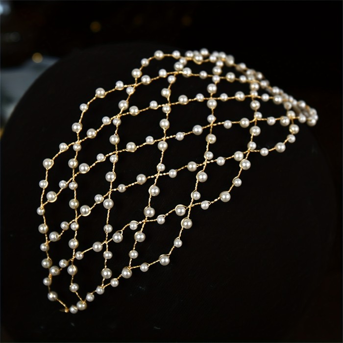 1pc Hair Hoop Band, Elegant Faux Pearl Headband Hair Chain, Bohemian Style Bridal Hair Accessory For Wedding Party Evening Birthday Gatherings