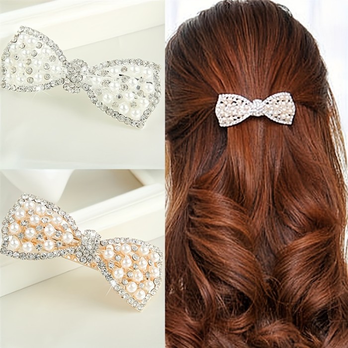 Fashion Women Bow Hair Clip Elegant Sparkling Rhinestone Faux Pearl Decorative Hairpin Barrette Hair Accessories