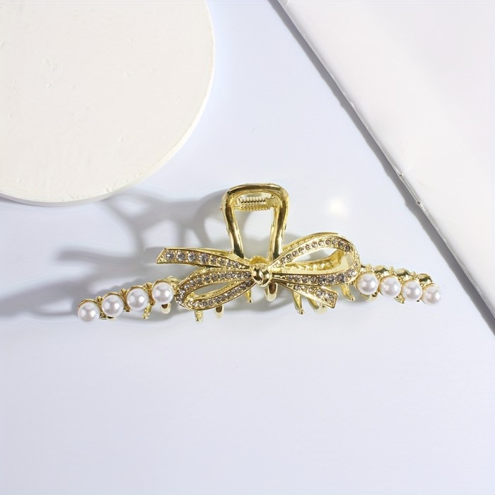 2pcs Elegant Butterfly Bow Hair Claw Clip For Women, With Faux Pearls And Rhinestones, Durable Alloy Fashion Hair Clips, Stylish Sweet Hair Accessories