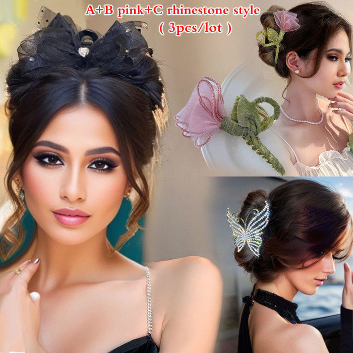 Elegant Mesh Bowknot Decorative Hair Grab Clip, Rose Flower Shaped Hair Claw Clip, Bling Bling Rhinestone Hollow Out Butterfly Shaped Ponytail Holder