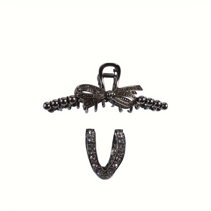 2Pcs\u002FSet New Design Lady's Black With Rhinestone Beaded Bow Combo Blonde Hair Claw Back-of-the-head Ponytail Hair Clip