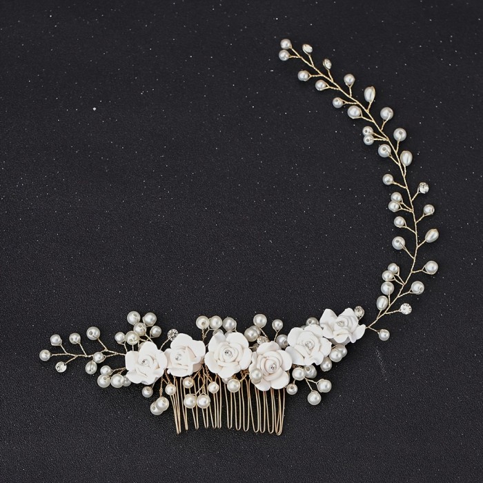 1 Pc Lady White Flower Faux Pearl Hair Clip, Fashion Elegant Soft Ceramic Faux Pearl Rhinestone Combing Diy Accessories Hairstyle Style