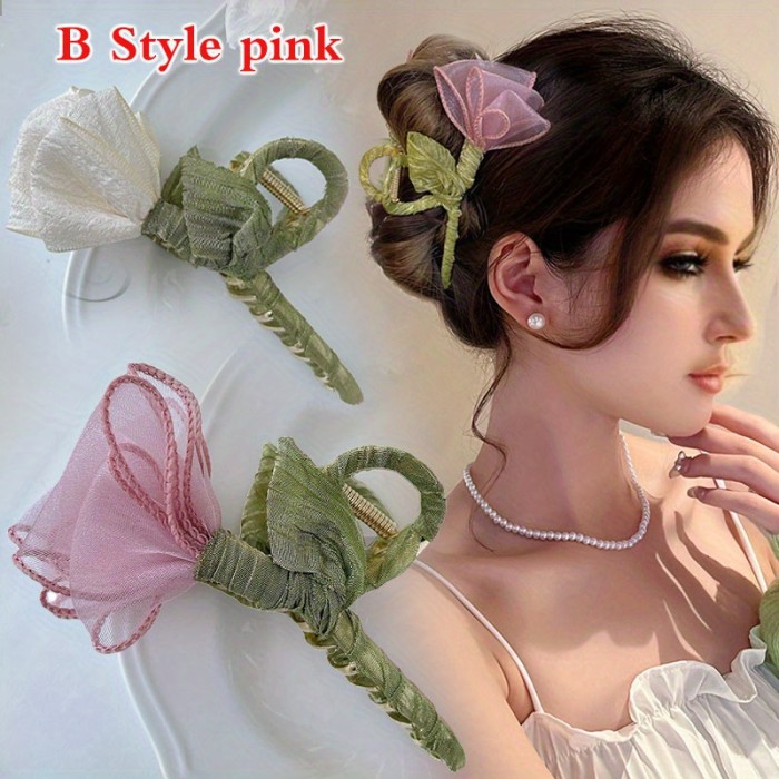Elegant Mesh Bowknot Decorative Hair Grab Clip, Rose Flower Shaped Hair Claw Clip, Bling Bling Rhinestone Hollow Out Butterfly Shaped Ponytail Holder