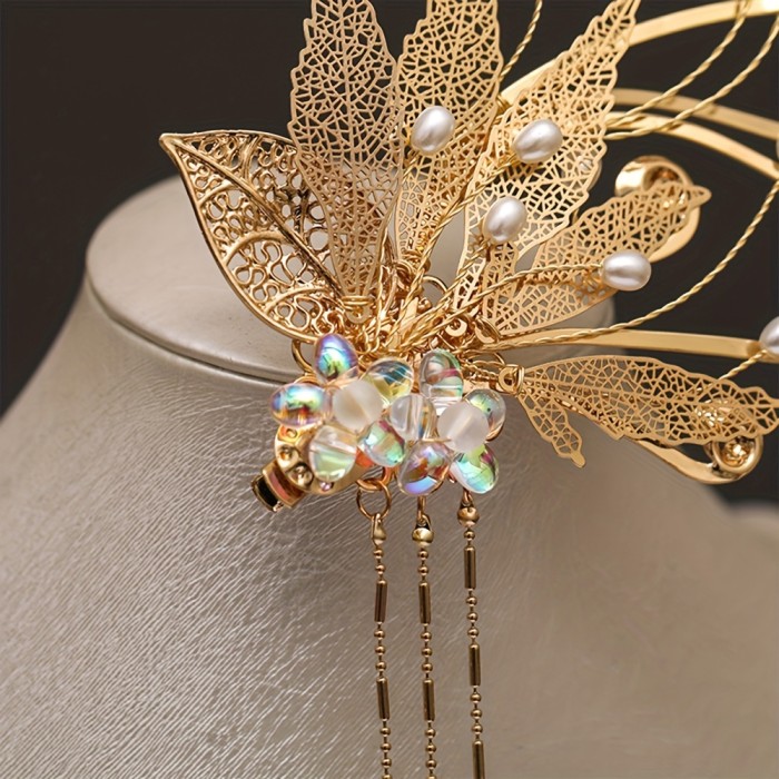 1pc Maple Fringe Hairpin, Chinese Style Hanfu Side Hairpin Fringe Flower Faux Pearl Retro Hanfu Braided Jewelry Thick Curly Hair Style Decoration Ethnic Style, Suitable For Hanfu With Broken Hair Finish