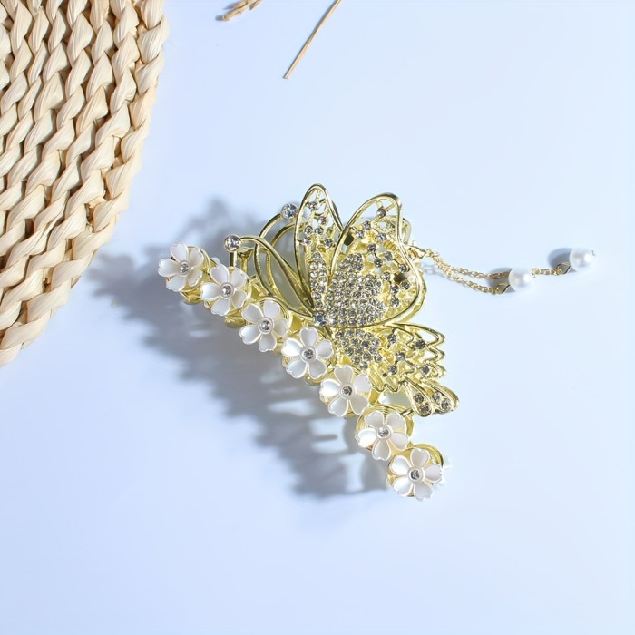 2Pcs\u002Fbag New Design Lady's Butterfly-shaped Rhinestones Flower Hair Claw Fashion, Sweet And Elegant Tassel Hair Accessories