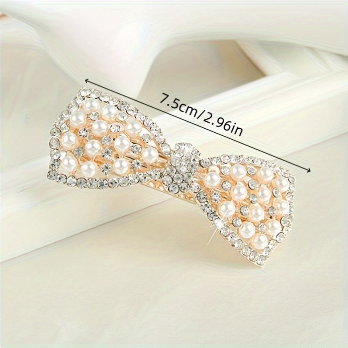 Fashion Women Bow Hair Clip Elegant Sparkling Rhinestone Faux Pearl Decorative Hairpin Barrette Hair Accessories