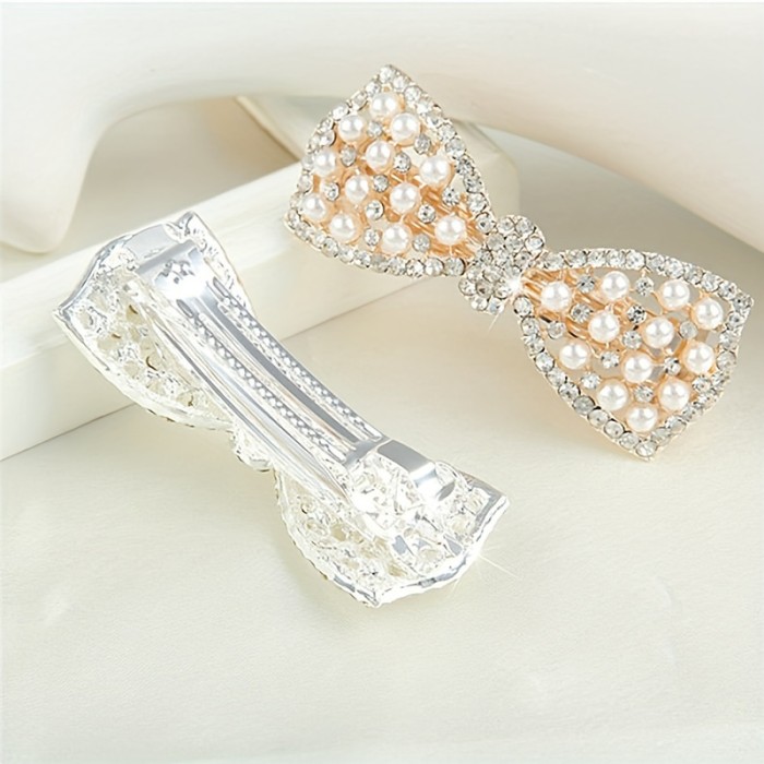Fashion Women Bow Hair Clip Elegant Sparkling Rhinestone Faux Pearl Decorative Hairpin Barrette Hair Accessories