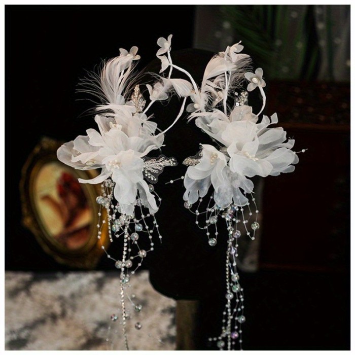 1 Pair White Feather Pearl Tassel Hair Clips, Wedding Bridal Dress Styling Accessories Hair Accessories for Wedding Party Banquet Birthday Party