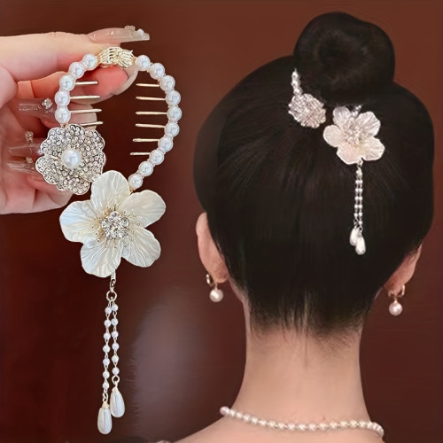 1pc New Camellia Tassel Head Ponytail Clip, Hairpin Imitation Pearl Metal Hairpin, Ideal choice for Gifts