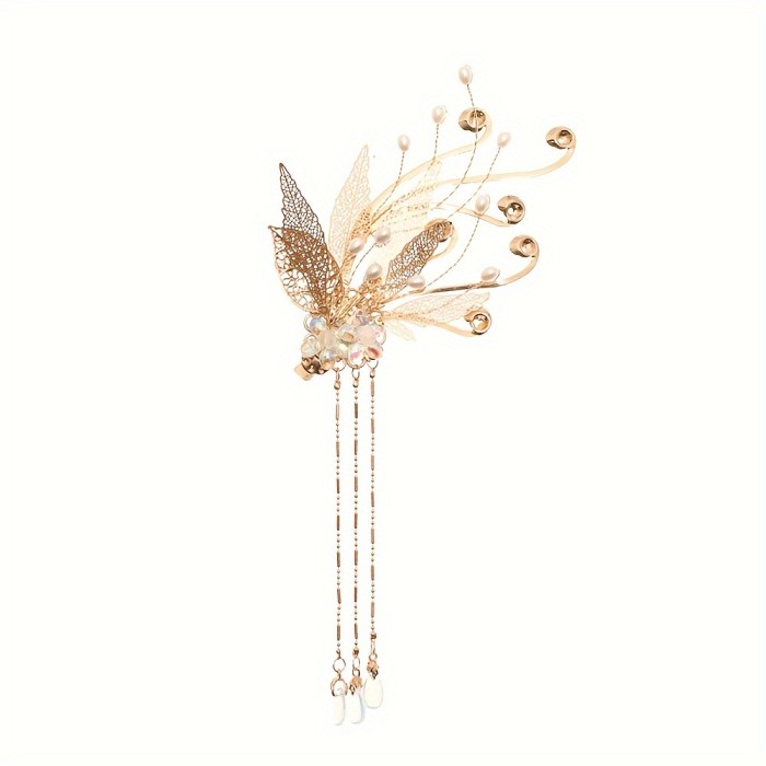 1pc Maple Fringe Hairpin, Chinese Style Hanfu Side Hairpin Fringe Flower Faux Pearl Retro Hanfu Braided Jewelry Thick Curly Hair Style Decoration Ethnic Style, Suitable For Hanfu With Broken Hair Finish