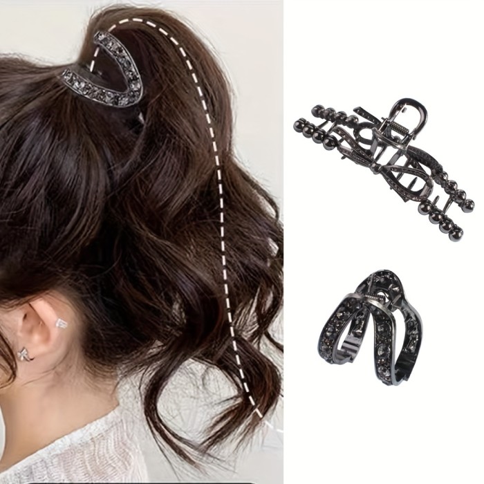 2Pcs\u002FSet New Design Lady's Black With Rhinestone Beaded Bow Combo Blonde Hair Claw Back-of-the-head Ponytail Hair Clip