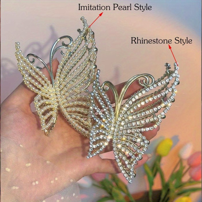 Elegant Mesh Bowknot Decorative Hair Grab Clip, Rose Flower Shaped Hair Claw Clip, Bling Bling Rhinestone Hollow Out Butterfly Shaped Ponytail Holder