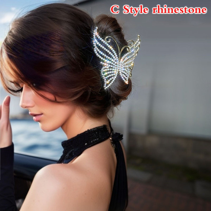 Elegant Mesh Bowknot Decorative Hair Grab Clip, Rose Flower Shaped Hair Claw Clip, Bling Bling Rhinestone Hollow Out Butterfly Shaped Ponytail Holder