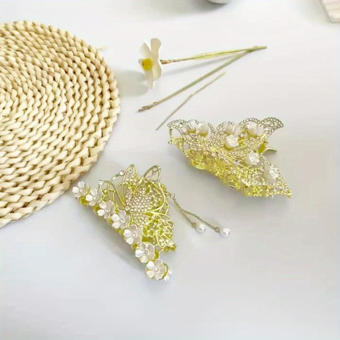 2Pcs\u002Fbag New Design Lady's Butterfly-shaped Rhinestones Flower Hair Claw Fashion, Sweet And Elegant Tassel Hair Accessories