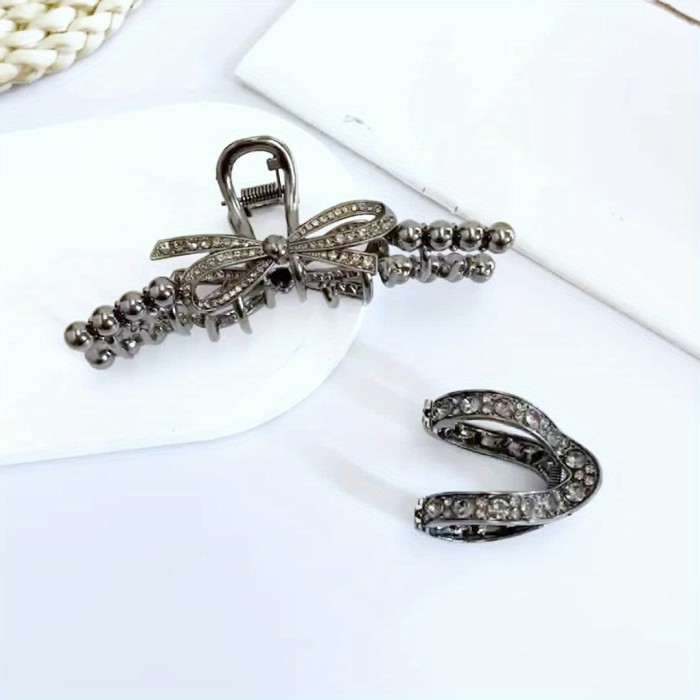 2Pcs\u002FSet New Design Lady's Black With Rhinestone Beaded Bow Combo Blonde Hair Claw Back-of-the-head Ponytail Hair Clip