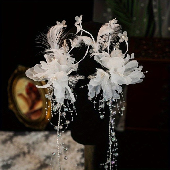 1 Pair White Feather Pearl Tassel Hair Clips, Wedding Bridal Dress Styling Accessories Hair Accessories for Wedding Party Banquet Birthday Party