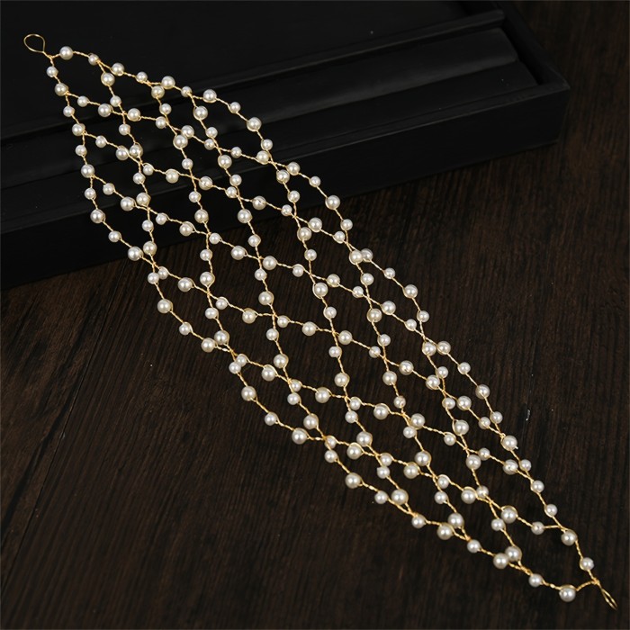1pc Hair Hoop Band, Elegant Faux Pearl Headband Hair Chain, Bohemian Style Bridal Hair Accessory For Wedding Party Evening Birthday Gatherings
